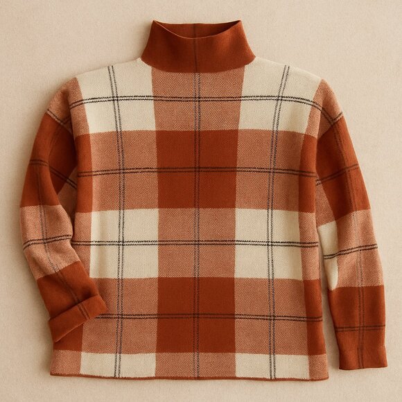 Rachel Zoe Plaid Mock Neck Sweater Rust Ivory Long Sleeve Women’s Medium Twee - Picture 1 of 12